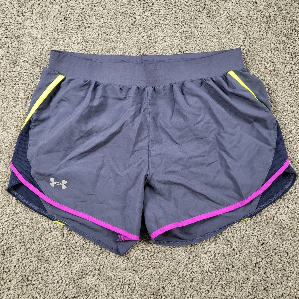 Under Armour Womens Fly By 2.0 Running Shorts Gray Pink Yellow 1350196-558 Small
